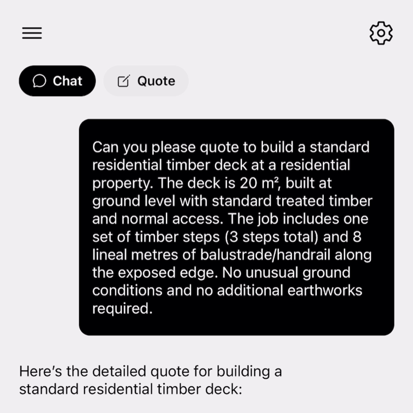 Mobile app interface showing a detailed quote request for a residential timber deck