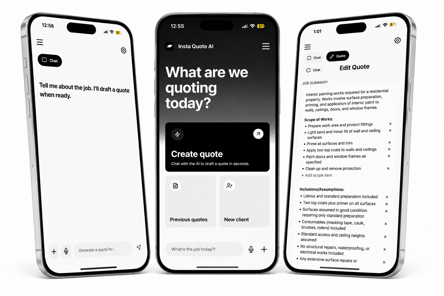 Insta Quote AI on three phones: the chat, the create quote screen, and the edit quote screen